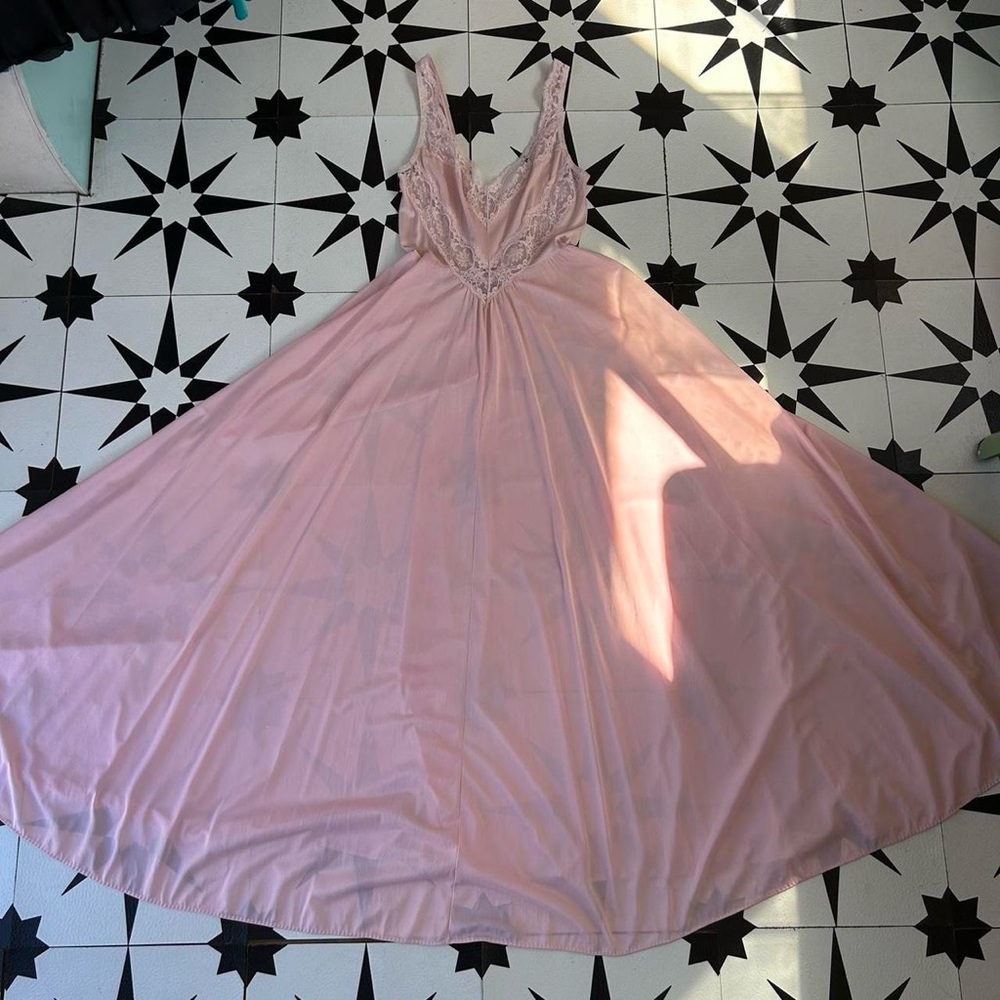 60s/70s Light Pink Olga Full Sweep Nightgown Maxi Dress Lace Bodice Cutout Sheer